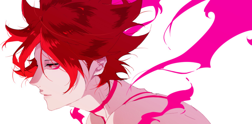 1boy alternate_costume alternate_form alternate_hair_color bangs bare_shoulders close-up fate/grand_order fate_(series) from_side hair_between_eyes highres hukahire0313 karna_(fate) looking_at_viewer looking_to_the_side male_focus pale_skin pink_flame red_eyes redhead shiny shiny_hair simple_background smile solo tattoo upper_body white_background