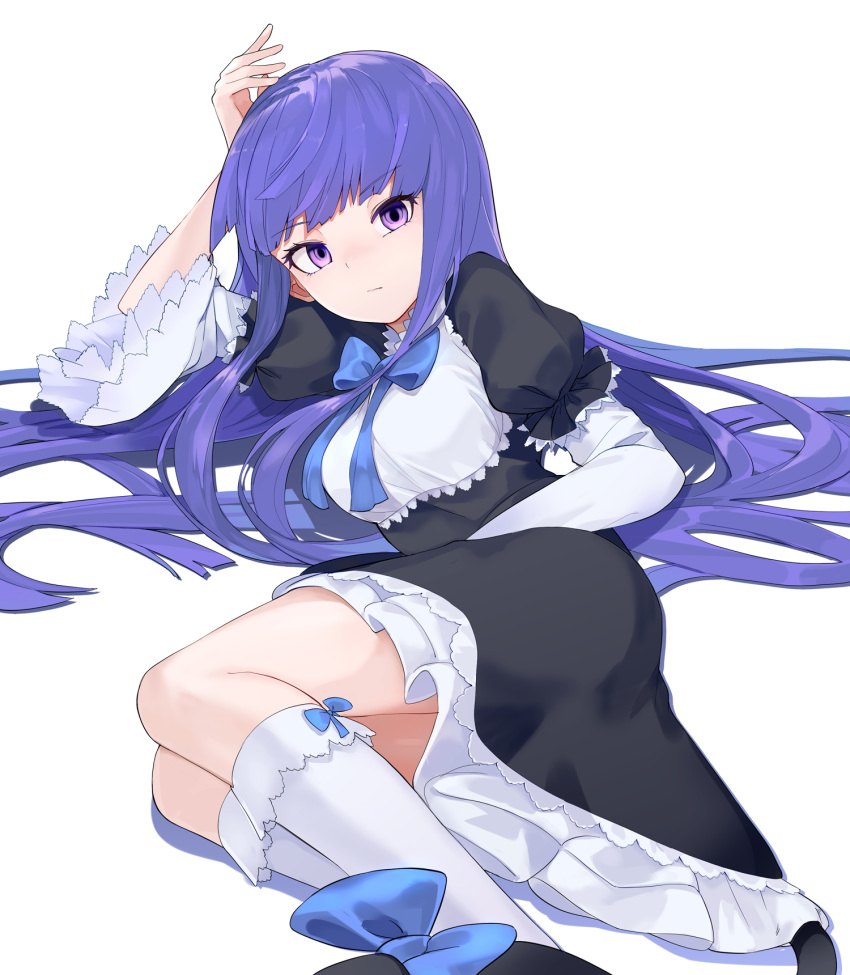 1girl arm_up bangs black_dress black_footwear blue_neckwear bow bowtie cat_tail closed_mouth dress expressionless eyebrows_visible_through_hair frederica_bernkastel highres kneehighs legs_together long_hair long_sleeves looking_at_viewer lying on_side puffy_short_sleeves puffy_sleeves purple_hair short_over_long_sleeves short_sleeves sidelocks simple_background solo tail umineko_no_naku_koro_ni usuaji violet_eyes white_background wide_sleeves