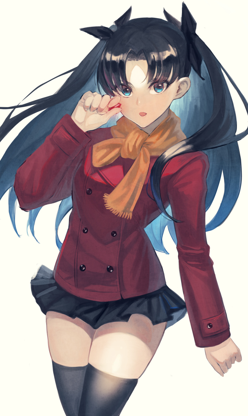 1girl absurdres bangs black_hair black_legwear black_skirt blue_eyes breasts buttons fate/stay_night fate_(series) gem highres jacket long_hair long_sleeves looking_at_viewer miniskirt open_mouth orange_scarf parted_bangs pleated_skirt red_jacket scarf skirt small_breasts thigh-highs thighs tohsaka_rin two_side_up you-6-11 zettai_ryouiki