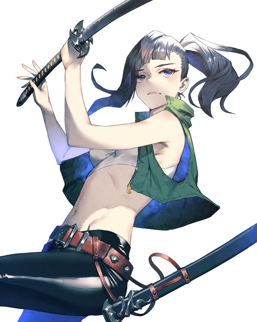 1girl absurdres belt black_hair blue_eyes commentary cozy highres holding holding_sword holding_weapon katana leggings midriff navel original ponytail saya_(scabbard) skin_tight solo sword vest weapon white_background