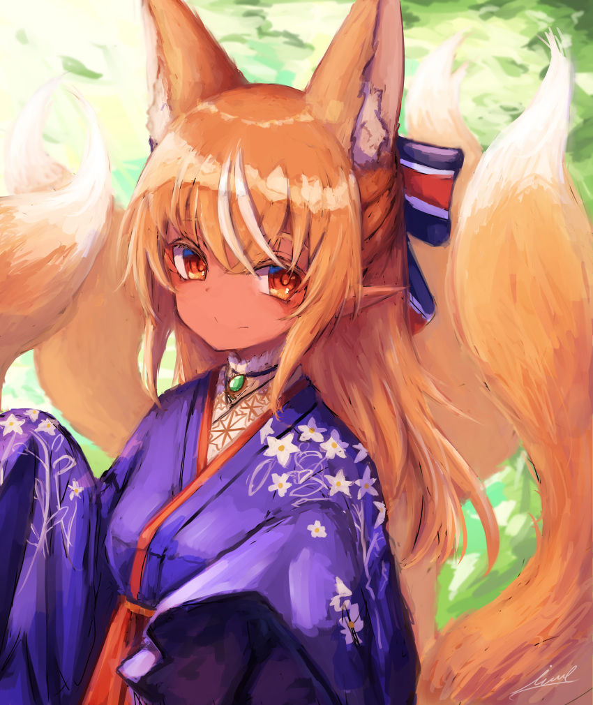 1girl absurdres animal_ear_fluff animal_ears dark_skin extra_ears floral_print fox_ears fox_girl hair_ornament highres hololive inre_kemomimi japanese_clothes multiple_tails orange_eyes pointy_ears shiranui_flare signature solo tail virtual_youtuber