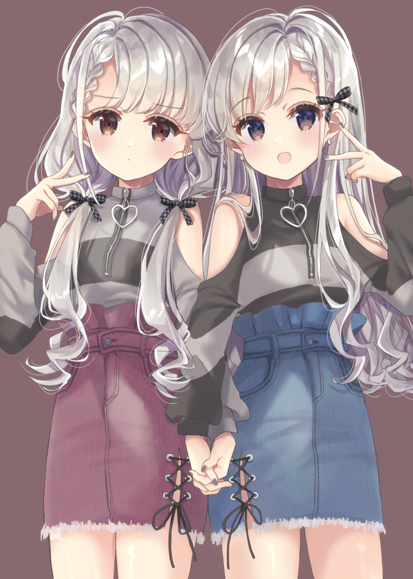 2girls absurdres argyle_bow bangs bare_shoulders black_bow black_shirt blue_skirt blush bow braid brown_background brown_eyes closed_mouth cowboy_shot cross-laced_clothes denim denim_skirt dot_nose earrings eyebrows_visible_through_hair hair_bow heart high-waist_skirt highres hisakawa_hayate hisakawa_nagi holding_hands idolmaster idolmaster_cinderella_girls jewelry long_hair long_sleeves looking_at_viewer low_twintails matching_outfit multiple_girls nail_polish open_mouth pink_skirt shirt siblings silver_hair simple_background sisters skirt striped striped_shirt swept_bangs twintails v wavy_hair yuma_(mron_322) zipper