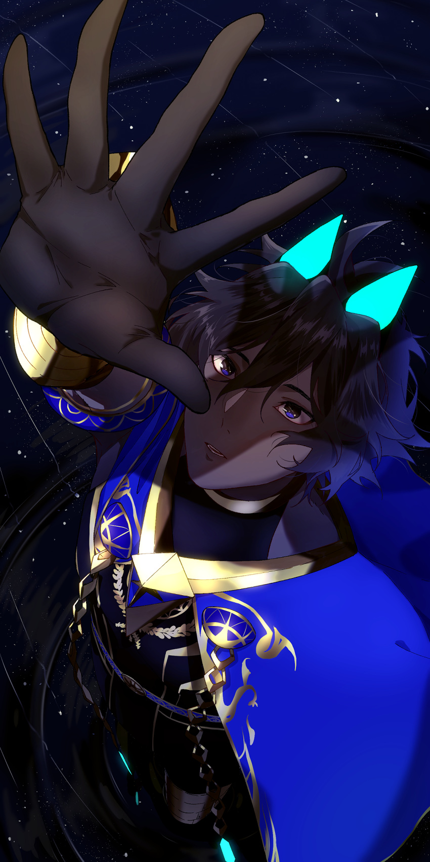 1boy absurdres arjuna_(fate/grand_order) arjuna_alter arm_up bangs black_eyes brown_hair capelet cloak dark_skin dark_skinned_male fate/grand_order fate_(series) from_above full_body gloves glowing_horns hair_between_eyes highres horns hukahire0313 jewelry light looking_at_viewer male_focus open_hand shadow shiny shiny_hair simple_background solo starry_background upper_body vambraces