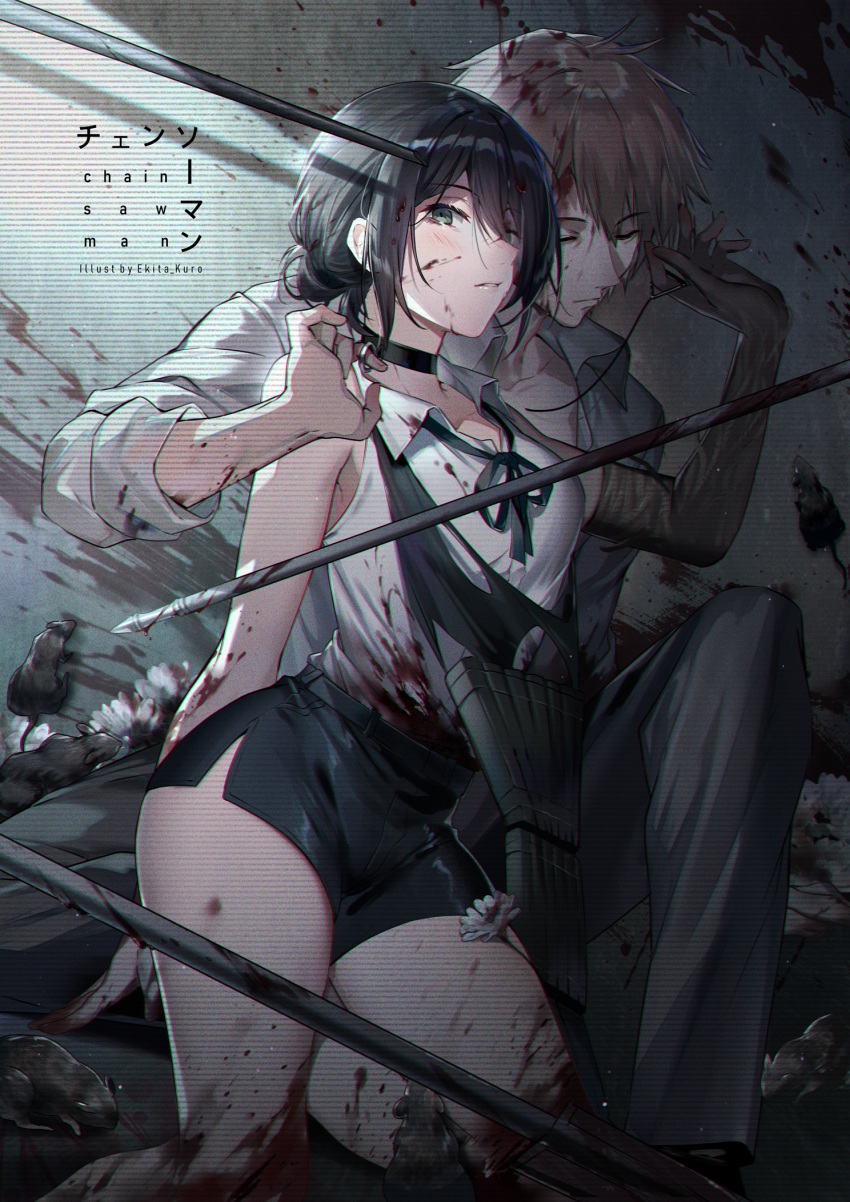 1boy 1girl animal apron artist_name bangs black_apron black_choker black_pants black_ribbon black_shorts blood blood_on_face blood_on_wall blood_splatter blood_writing bloody_clothes bloody_hands breasts chainsaw_man choker collarbone collared_shirt copyright_name couple denji_(chainsaw_man) ekita_xuan elbow_gloves eyebrows_visible_through_hair flower gloves green_eyes hair_between_eyes hair_bun hetero highres hybrid looking_at_viewer loose_clothes loose_shirt medium_breasts medium_hair mouse necktie open_collar pants reze_(chainsaw_man) ribbon shaded_face shirt shirt_tucked_in short_sleeves shorts sitting sitting_on_lap sitting_on_person white_shirt