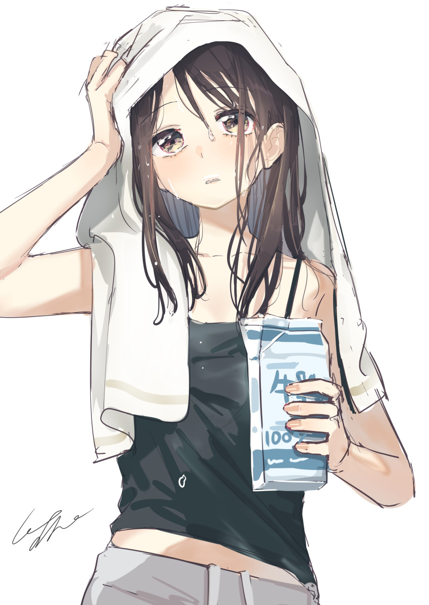 1girl absurdres black_camisole brown_eyes brown_hair camisole commentary commentary_request drying drying_hair grey_pants hand_on_own_head highres holding_drink milk_carton original pants parted_lips pomu signature simple_background tagme towel towel_on_head water_drop wet wet_hair white_towel