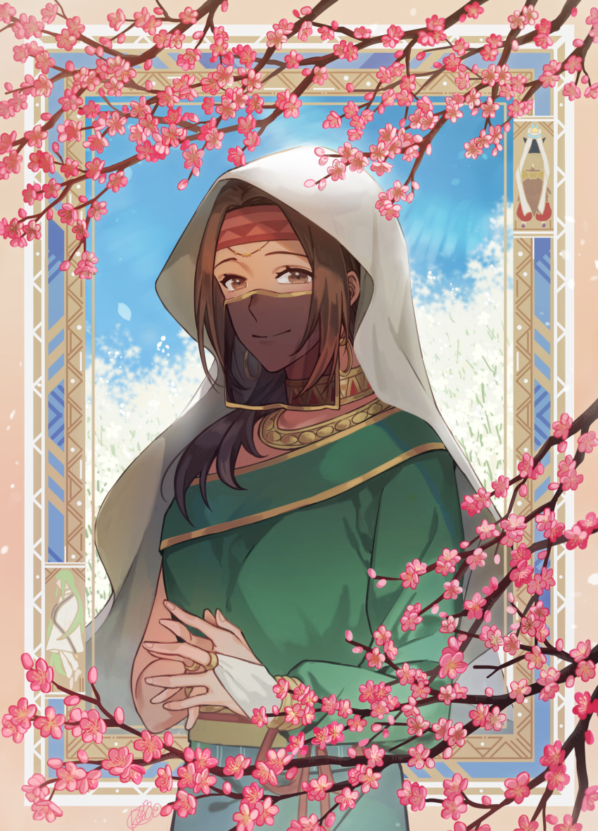 1girl arabian_clothes bangs brown_eyes brown_hair cherry_blossoms choker earrings fate/grand_order fate_(series) flower gloves green_robe hands_together headband highres jewelry long_hair mask mouth_veil necklace parted_bangs partly_fingerless_gloves reion_(rei_leeyu) robe see-through siduri_(fate/grand_order) smile standing veil