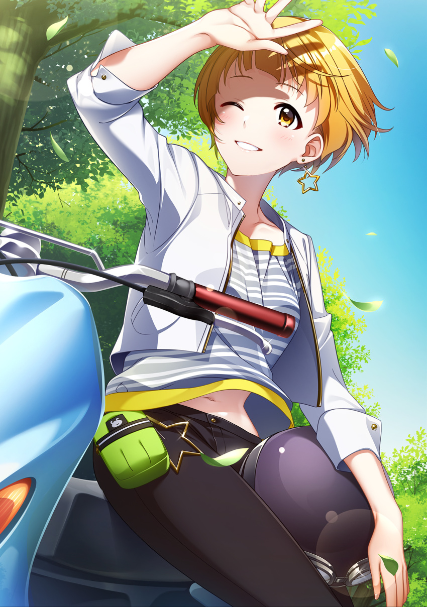 1girl arm_up bangs black_pants blonde_hair blue_sky commentary_request covering_one_eye cowboy_shot day earrings falling_leaves forest from_below fukuda_noriko glint grey_shirt ground_vehicle headwear_removed helmet helmet_removed highres holding holding_helmet horizontal_stripes idolmaster idolmaster_million_live! jacket jewelry leaf lens_flare light_blush looking_away midriff_peek mikapoe motor_vehicle motorcycle_helmet nature navel one_eye_closed open_clothes open_jacket outdoors pants parted_lips pocket pouch scooter shadow shiny shiny_hair shirt shirt_lift short_hair single_earring sitting sky smile solo star_(symbol) star_earrings striped striped_shirt teeth tree unzipped white_jacket wind wind_lift yellow_eyes