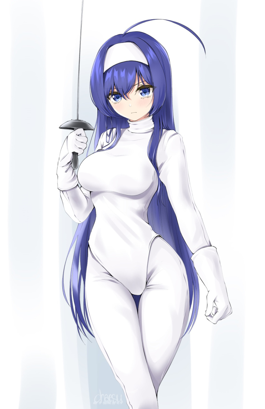 1girl ahoge artist_name blue_hair breasts chaesu commentary gloves headband highres huge_ahoge long_hair looking_up medium_breasts orie_(under_night_in-birth) rapier signature solo sword thighs under_night_in-birth very_long_hair weapon white_gloves white_headband