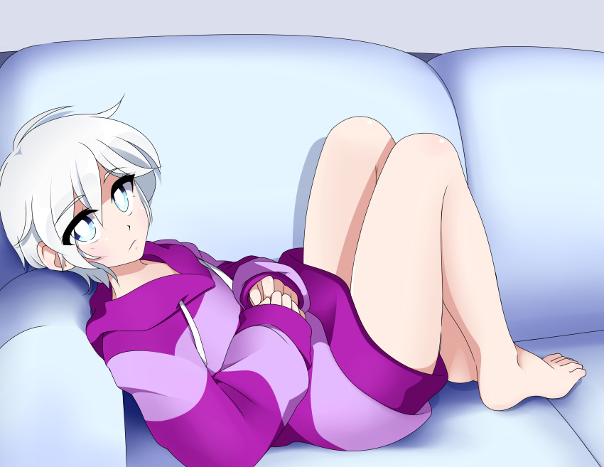 1girl absurdres bare_legs barefoot blue_eyes closed_mouth commission couch doopiedoover drawstring expressionless eyebrows_visible_through_hair highres hood hood_down knees_up long_sleeves looking_at_viewer lying on_back original purple_hoodie short_hair solo striped_hoodie white_hair