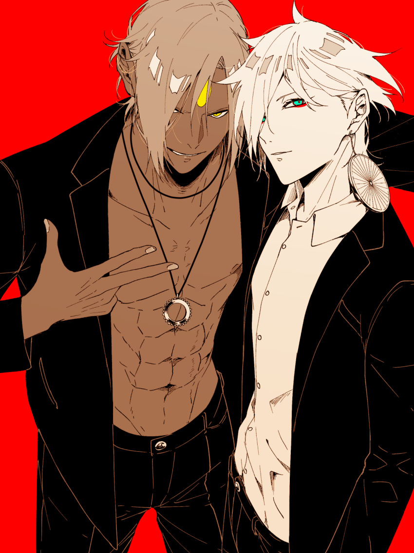2boys abs alternate_costume ashwatthama_(fate/grand_order) bangs blue_eyes chest dark_skin dark_skinned_male fate/grand_order fate_(series) greyscale highres hukahire0313 jewelry karna_(fate) long_sleeves looking_at_viewer male_focus monochrome multiple_boys muscle necklace nipples open_clothes pale_skin pants partially_colored red_background shiny shiny_hair shirtless single_earring smile upper_body white_hair yellow_eyes