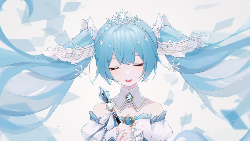 1girl amulet aqua_nails beamed_eighth_notes closed_eyes collar commentary crystal detached_collar detached_sleeves dress earrings eighth_note facing_viewer floating_hair hair_ornament hands_together hatsune_miku heridy highres holding holding_staff jewelry light_blue_hair long_hair musical_note musical_note_hair_ornament nail_polish open_mouth princess puffy_sleeves snowflake_earrings solo staff symbol_commentary tiara twintails upper_body very_long_hair vocaloid white_background white_collar white_dress yuki_miku yuki_miku_(2019)
