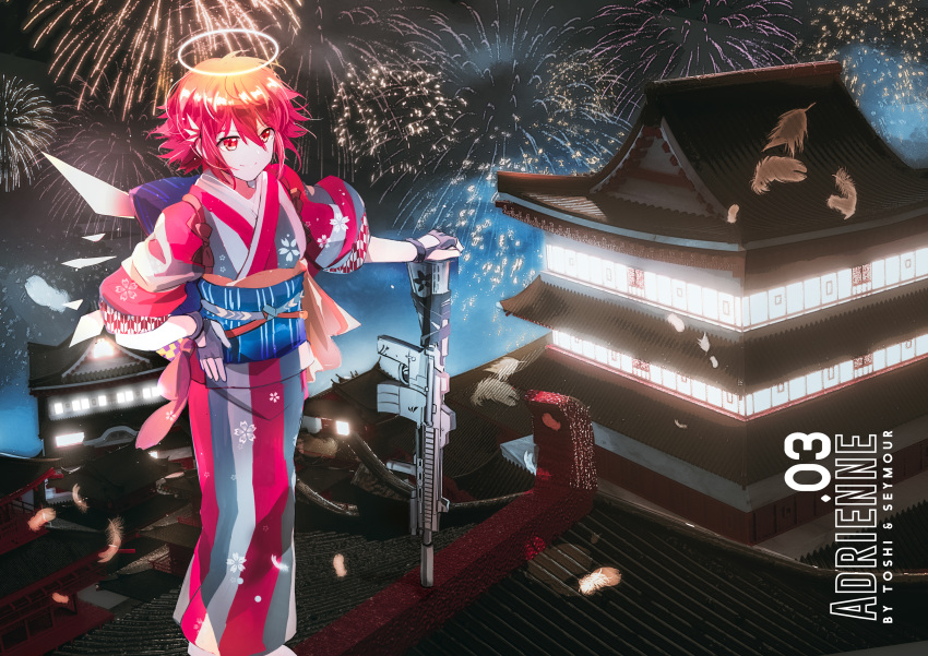1girl absurdres acog arknights assault_rifle building energy_wings exusiai_(arknights) fingerless_gloves fireworks gloves gun halo highres japanese_clothes kimono night rifle rooftop seymour solo weapon