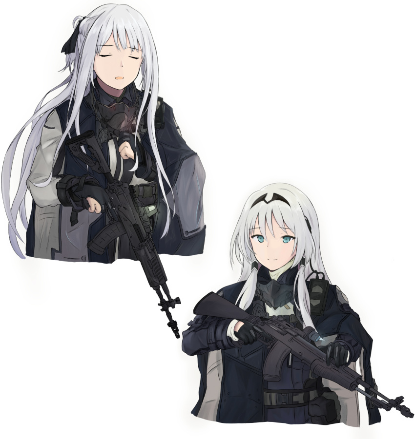 2girls ak-12_(girls_frontline) an-94_(girls_frontline) assault_rifle bangs braid closed_eyes clov3r eyebrows_visible_through_hair french_braid girls_frontline gloves gun hair_ribbon highres long_hair low_tied_hair mask multiple_girls open_mouth partly_fingerless_gloves platinum_blonde_hair ribbon rifle sidelocks silver_hair smile tactical_clothes weapon