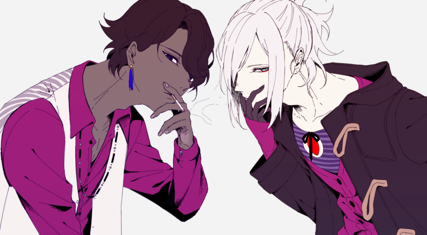 2boys alternate_costume alternate_hairstyle arjuna_(fate/grand_order) bangs black_eyes blue_eyes border brown_hair cigarette dark_skin dark_skinned_male earrings eyeshadow fate/grand_order fate_(series) grey_background hand_to_own_mouth highres hood hoodie hukahire0313 jacket jewelry karna_(fate) makeup male_focus multiple_boys open_mouth pale_color shirt simple_background smoke swept_bangs upper_body vest white_background white_hair