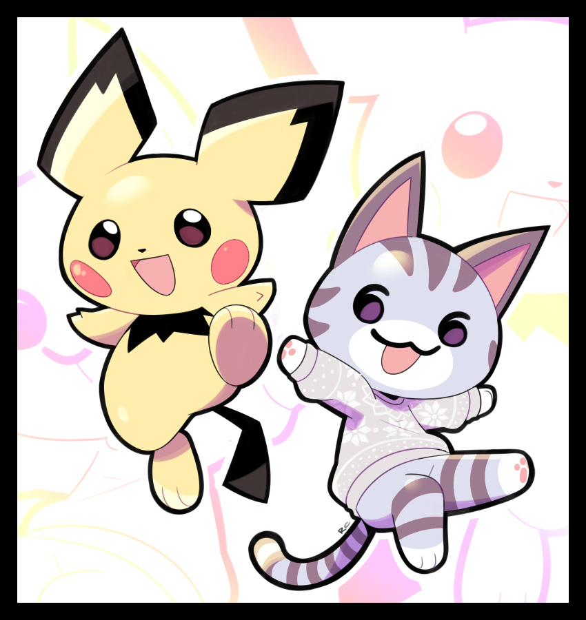 :d artsy-rc black_border border cat character_request commentary copyright_request english_commentary gen_2_pokemon highres looking_at_viewer no_humans open_mouth pichu pokemon pokemon_(creature) smile standing standing_on_one_leg