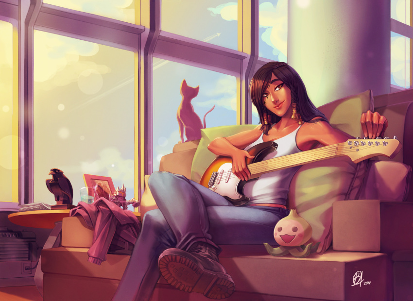 1girl absurdres bangs becurvello black_cat blizzard_(company) boots casual cat character_doll combat_boots commentary couch crossed_legs dark_skin day denim electric_guitar english_commentary eye_of_horus facial_tattoo guitar highres indoors instrument jeans lens_flare lips medium_hair nose overwatch pachimari pants pharah_(overwatch) photo_(object) reinhardt_(overwatch) side_braids signature sitting solo stuffed_animal stuffed_octopus stuffed_toy swept_bangs tank_top tattoo thick_eyebrows very_dark_skin window