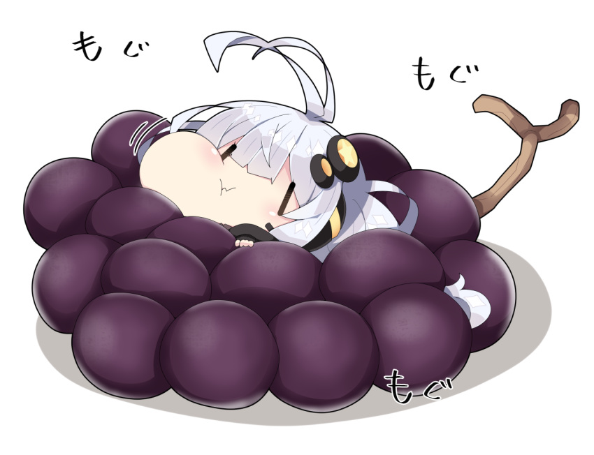 1girl :t antenna_hair chibi closed_mouth commentary eating food fruit grapes hair_ornament headphones headset in_food kizuna_akari long_hair long_sleeves milkpanda minigirl puffy_cheeks puffy_long_sleeves puffy_sleeves shadow silver_hair solo star_(symbol) translated voiceroid wavy_mouth white_background