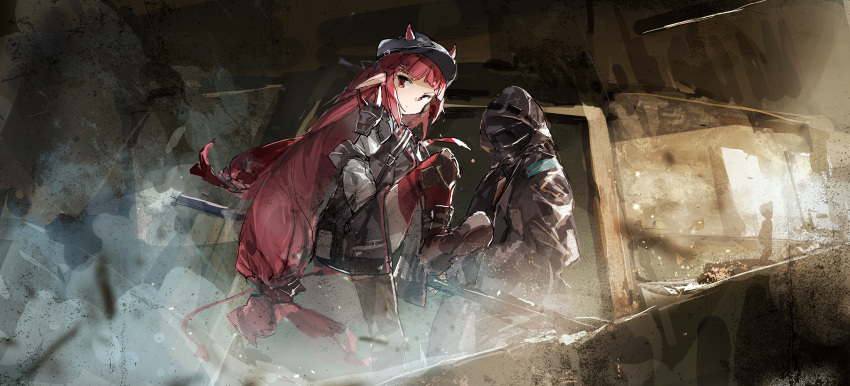 1girl 1other arknights boots demon_horns demon_tail doctor_(arknights) door dust good hat highres horns kicking ph. pointy_ears redhead tail vigna_(arknights)