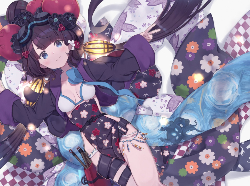 1girl argyle bangs bikini black_hair black_jacket blue_eyes blush breasts closed_mouth commentary_request eyebrows_behind_hair fate/grand_order fate_(series) floral_print hair_ornament highres jacket katsushika_hokusai_(fate/grand_order) long_hair long_sleeves low_twintails lying medium_breasts on_back open_clothes open_jacket sleeves_past_wrists smile solo swimsuit totatokeke twintails very_long_hair white_bikini