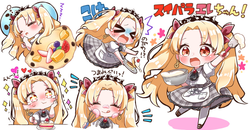 &gt;_&lt; /\/\/\ 1girl :t absurdres black_neckwear blonde_hair blush bowl brooch brown_footwear chibi closed_eyes closed_mouth collared_shirt commentary_request dress earrings eating ereshkigal_(fate/grand_order) fate/grand_order fate_(series) food grey_dress hair_ribbon hand_on_own_cheek heart highres holding holding_bowl holding_tray infinity jako_(jakoo21) jewelry long_hair mixing_bowl multiple_views notice_lines open_mouth pancake plaid plaid_dress plate puffy_short_sleeves puffy_sleeves red_ribbon ribbon shirt short_sleeves sleeping sleeveless sleeveless_dress sparkle spatula standing standing_on_one_leg thigh-highs tiara translation_request tray two_side_up very_long_hair wavy_mouth white_background white_legwear white_shirt zzz