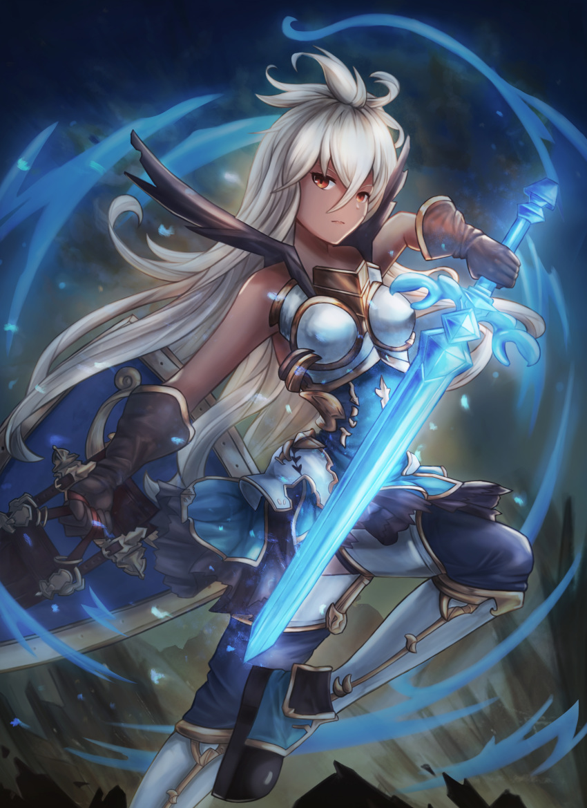 1girl absurdres ahoge armor armored_boots armored_dress black_gloves blue_dress boots breastplate commentary_request dark_skin dress gloves glowing glowing_sword glowing_weapon granblue_fantasy hair_between_eyes highres holding holding_shield holding_sword holding_weapon long_hair looking_at_viewer red_eyes shield short_dress sleeveless sleeveless_dress solo sword very_long_hair weapon wei_xiao white_hair zooey_(granblue_fantasy)