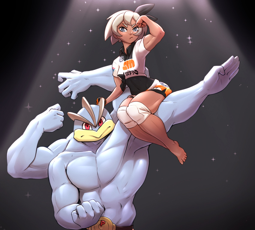 1girl absurdres barefoot black_bodysuit bodysuit bodysuit_under_clothes closed_mouth collared_shirt commentary feet flexing frown gen_1_pokemon gloves grey_eyes grey_hair gym_leader highres knee_pads looking_at_viewer machamp pokemon pokemon_(creature) pokemon_(game) pokemon_swsh pose print_shirt print_shorts pudgeruffian saitou_(pokemon) shirt short_hair short_sleeves shorts single_glove sparkle tied_shirt toes v-shaped_eyebrows