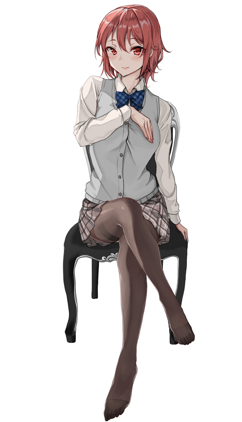 1girl absurdres alternate_costume amagi_(amagi626) black_legwear blue_bow blue_bowtie blue_neckwear blue_sweater_vest blush boots bow bowtie buckle buttons collared_shirt commentary_request crossed_legs eyebrows_visible_through_hair fingernails full_body highres horikawa_raiko jacket knees lips long_sleeves looking_at_viewer miniskirt no_shoes pantyhose pleated_skirt red_eyes redhead school_uniform shiny shiny_hair shirt short_hair simple_background sitting skirt smile solo stick stool sweater_vest thighband_pantyhose touhou vest white_background white_jacket white_skirt white_sleeves wing_collar wrist_cuffs