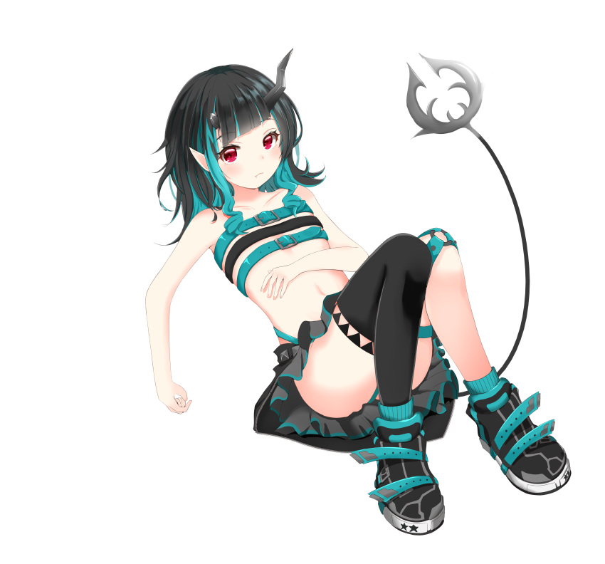 1girl absurdres bangs beltbra black_footwear black_hair black_legwear black_skirt blue_hair blush chest_belt closed_mouth commentary_request demon_girl demon_horns demon_tail expressionless fang flat_chest full_body garter_straps grey_skirt highres horns kappo_(irizuki) layered_skirt long_hair looking_at_viewer midriff multicolored_hair navel no_jacket pointy_ears red_eyes shishio_chris shoes simple_background single_thighhigh skirt sneakers solo sugar_lyric tail thigh-highs two-tone_hair virtual_youtuber white_background zipper_skirt