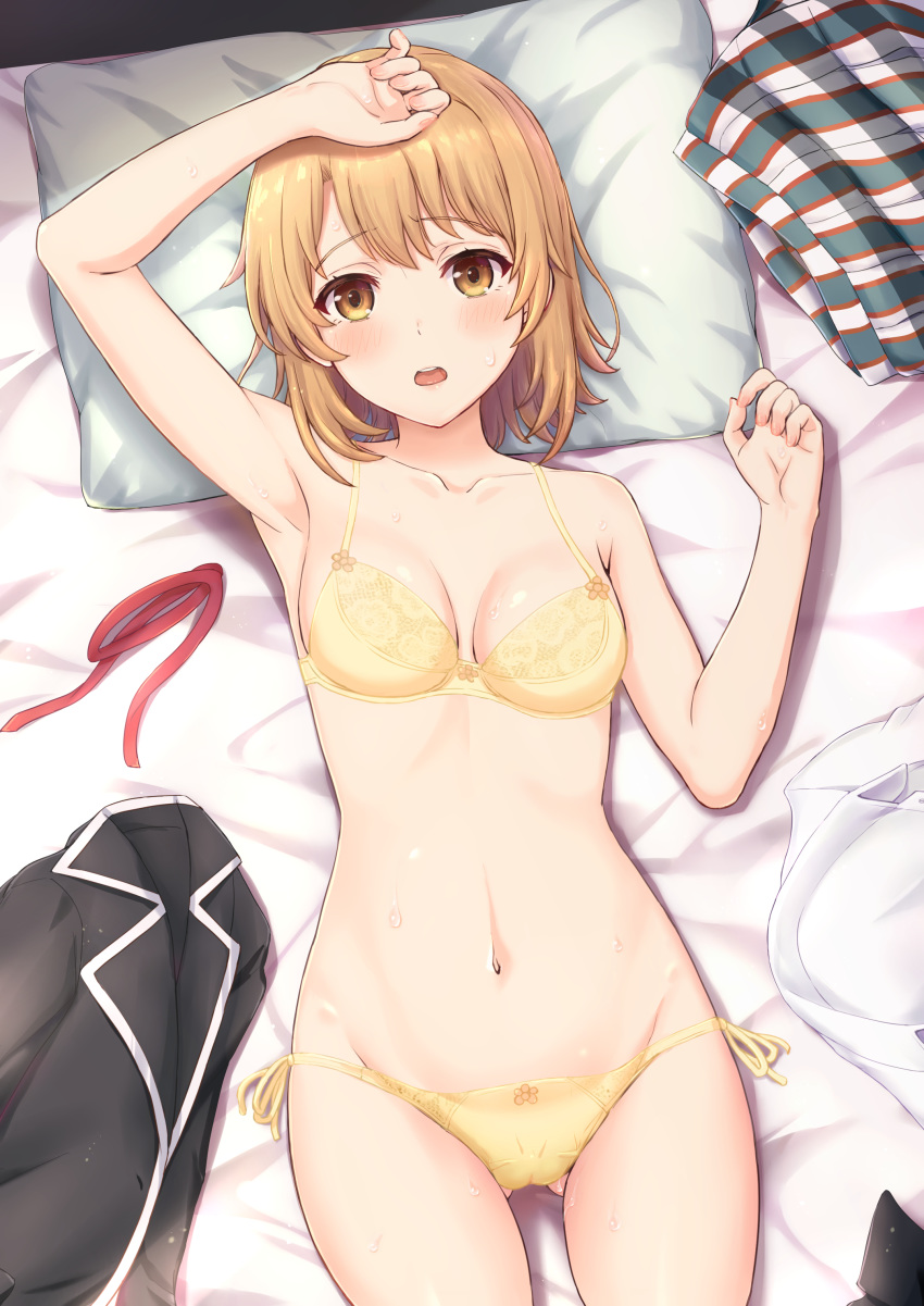 1girl absurdres arm_up ass_visible_through_thighs bangs black_jacket blush bra breasts collarbone commentary commentary_request eyebrows_visible_through_hair furrowed_eyebrows groin hand_up head_on_pillow highres inanaki_shiki isshiki_iroha jacket jacket_removed light_brown_hair looking_at_viewer lying navel on_back open_mouth panties red_ribbon ribbon ribbon_removed shirt shirt_removed short_hair side-tie_panties skirt skirt_removed solo thighs tongue underwear underwear_only upper_teeth white_shirt yahari_ore_no_seishun_lovecome_wa_machigatteiru. yellow_bra yellow_eyes yellow_panties