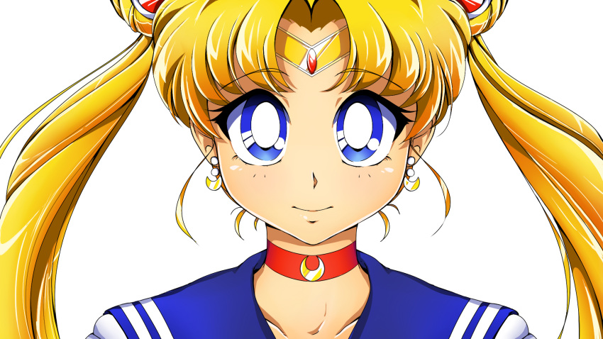 1girl bangs bishoujo_senshi_sailor_moon blonde_hair blue_eyes choker closed_mouth collarbone crescent crescent_choker crescent_earrings doopiedoover double_bun earrings expressionless eyebrows_visible_through_hair highres jewelry long_hair looking_at_viewer parted_bangs sailor_moon solo tsukino_usagi twintails upper_body wallpaper
