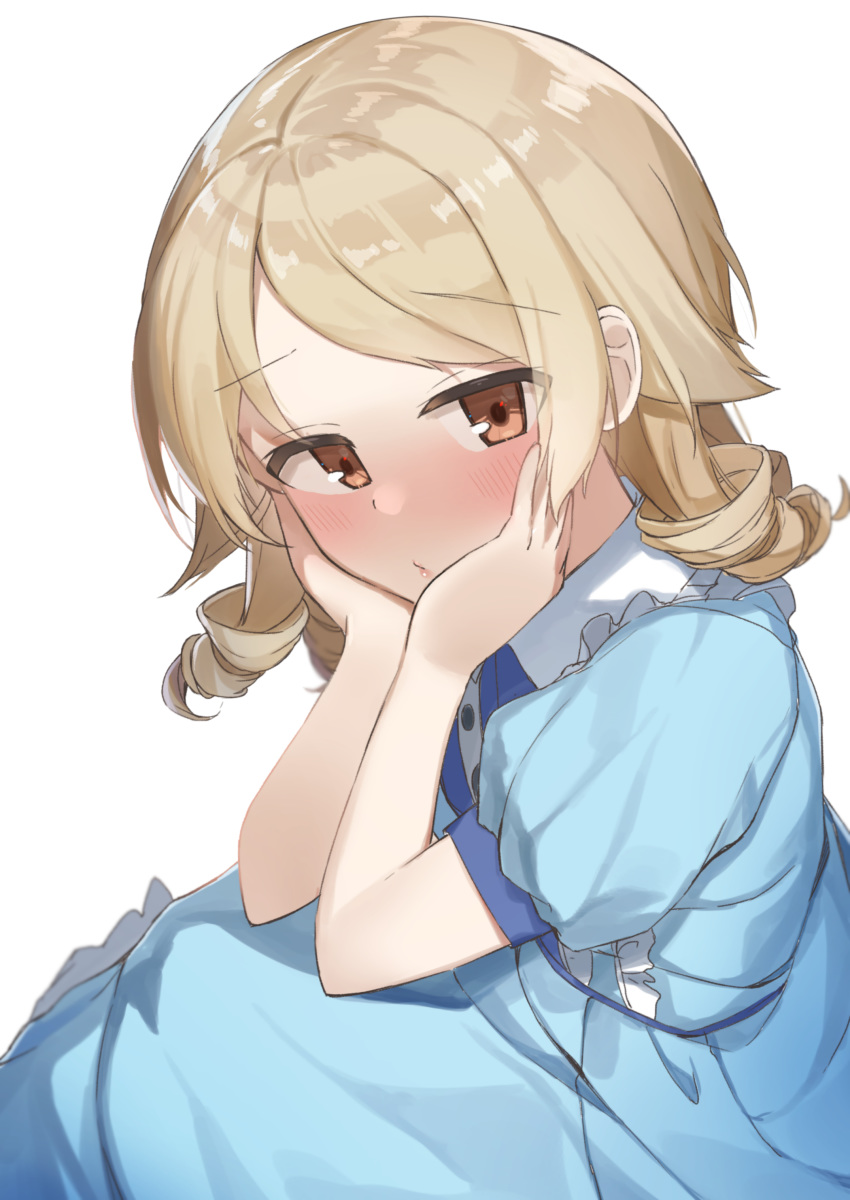 1girl absurdres bangs blue_dress blush brown_eyes closed_mouth commentary_request deko_isu dress embarrassed eyebrows_visible_through_hair hands_on_own_face hands_up highres idolmaster idolmaster_cinderella_girls light_brown_hair long_hair morikubo_nono puffy_short_sleeves puffy_sleeves ringlets short_sleeves simple_background sitting solo swept_bangs white_background