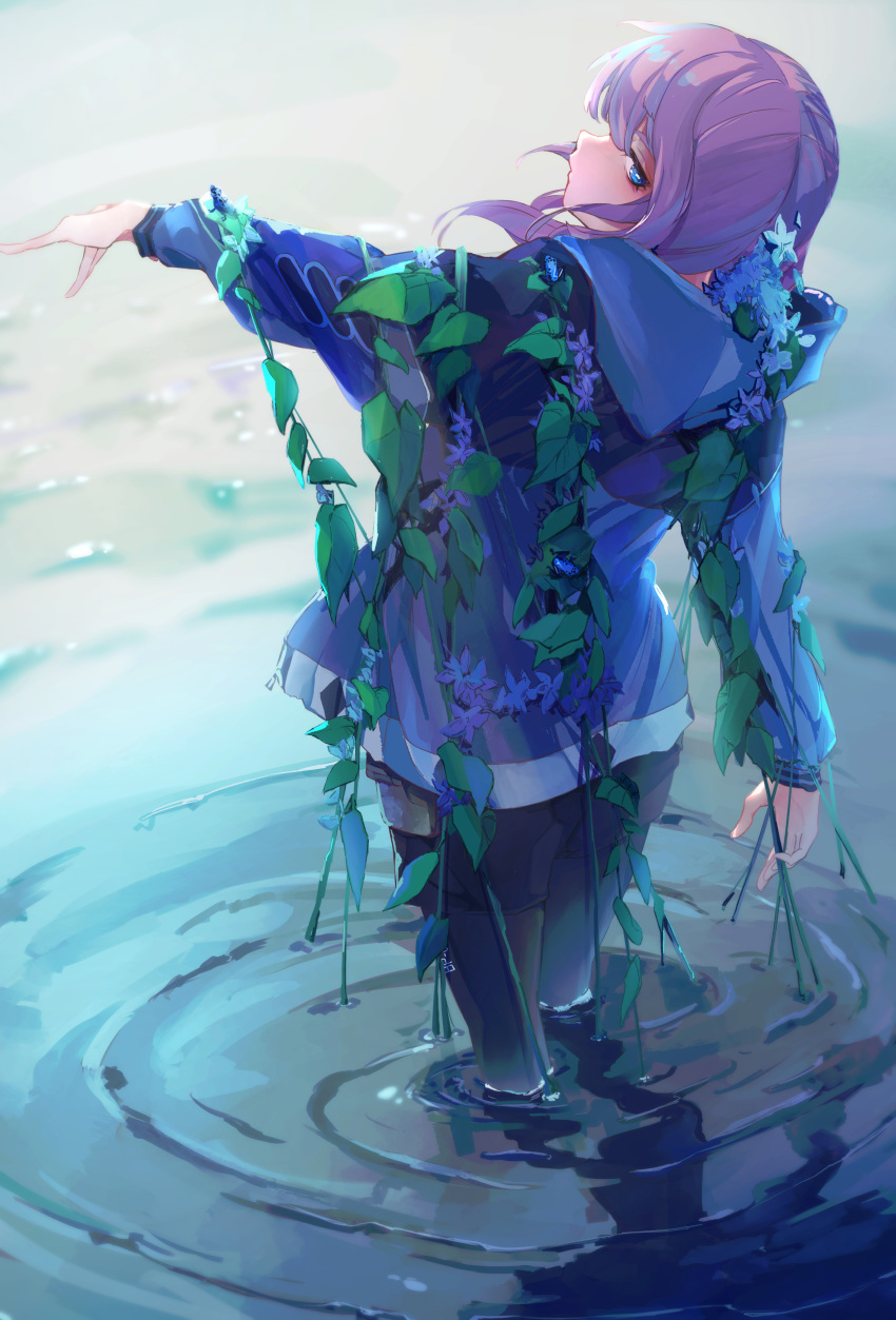 1girl absurdres arknights blue_eyes blue_hoodie blue_poison_(arknights) closed_mouth fuyukayui highres hood hoodie looking_back outstretched_hand pink_hair plant solo standing sweater vines wading water