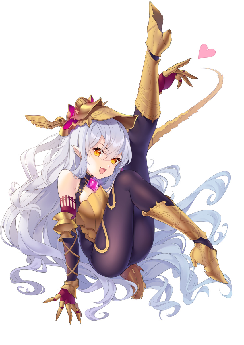 1girl :d absurdres ass bangs bare_shoulders blush bodysuit elbow_gloves fangs full_body gauntlets gloves granblue_fantasy hair_between_eyes headpiece heart high_heels highres leg_up long_hair looking_at_viewer may_(2747513627) medusa_(shingeki_no_bahamut) open_mouth orange_eyes pointy_ears shingeki_no_bahamut simple_background smile solo tail very_long_hair white_background