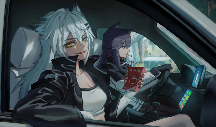 2girls animal_ear_fluff animal_ears arknights bangs black_hair black_jacket car_interior cigarette driving eyebrows_visible_through_hair gloves grey_eyes hair_between_eyes hair_ornament hairclip highres jacket juice_box lappland_(arknights) long_hair long_sleeves looking_at_viewer lp947131491 multiple_girls scar scar_across_eye silver_hair smile texas_(arknights) wolf_ears