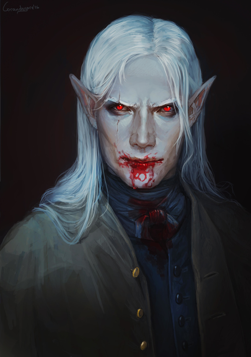 absurdres albino blood blood_on_face bloody_clothes dark face facial_scar fantasy highres long_hair looking_at_viewer lorandesore original pointy_ears portrait red_eyes scar scar_across_eye signature slit_pupils upper_body vampire white_hair