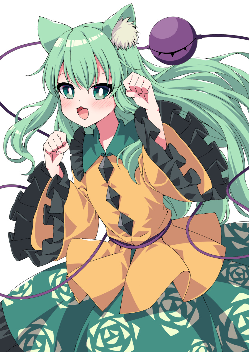 :3 alternate_hair_length alternate_hairstyle animal_ear_fluff animal_ears aqua_hair arms_up blush bright_pupils cat_ears commentary_request cowboy_shot eyebrows_visible_through_hair floral_print frilled_shirt_collar frilled_sleeves frills green_eyes green_skirt highres kemonomimi_mode komeiji_koishi long_hair long_sleeves looking_at_viewer open_mouth paw_pose rose_print shirt simple_background skirt standing third_eye touhou tsukimirin very_long_hair white_background white_pupils wide_sleeves yellow_shirt