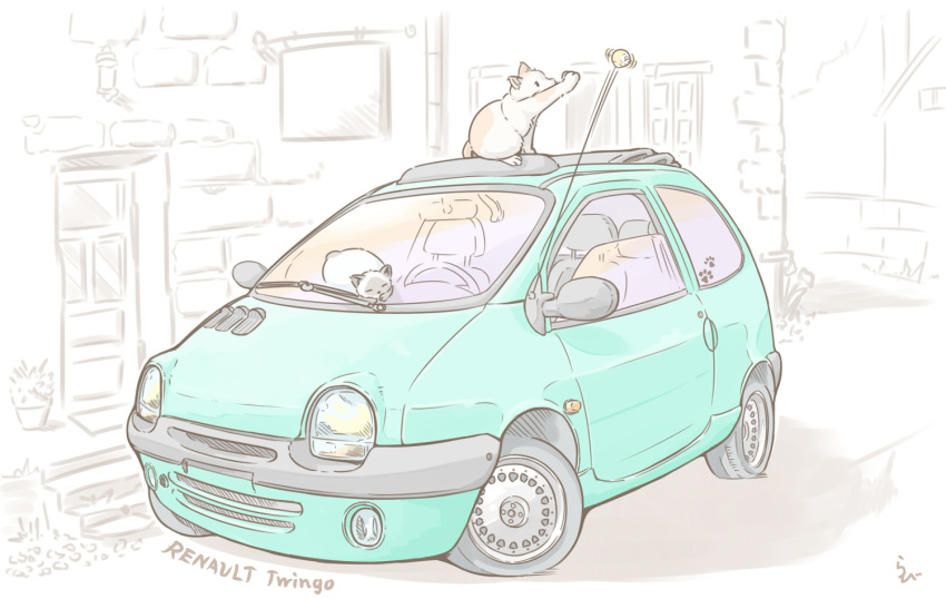 animal_ears artist_name car cat cat_ears door ground_vehicle headlight motor_vehicle multiple_cats original paw_print rabienu radio_antenna rear-view_mirror renault renault_twingo seat side_mirror signature sleeping steering_wheel tire window_shade