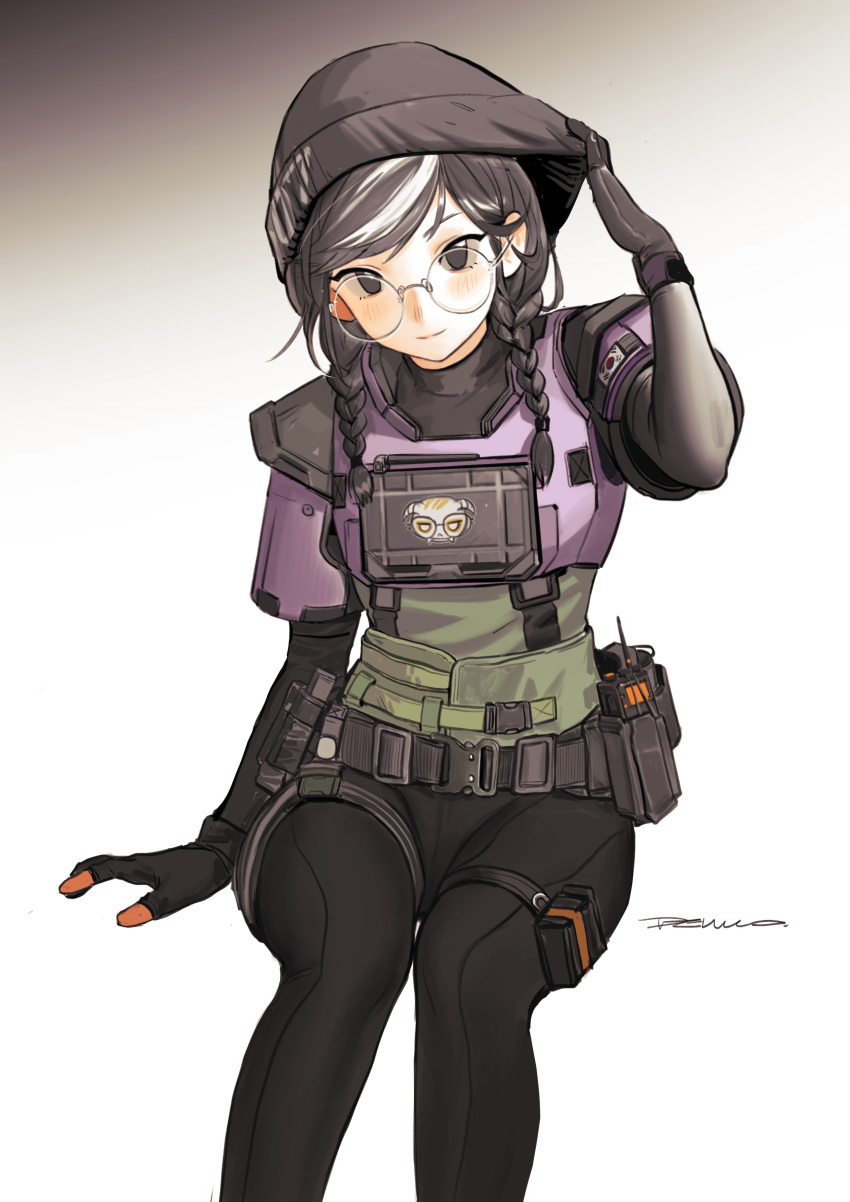 1girl absurdres armor beanie belt belt_pouch black_eyes black_hair black_headwear black_pants braid check_copyright closed_mouth copyright_request devil_lo dokkaebi_(rainbow_six_siege) elbow_gloves feet_out_of_frame glasses gloves gradient gradient_background hat highres long_hair looking_at_viewer multicolored_hair original pants pouch radio rainbow_six_siege round_eyewear signature sitting smile solo south_korean_flag tight tight_pants twin_braids two-tone_hair walkie-talkie white_background white_hair