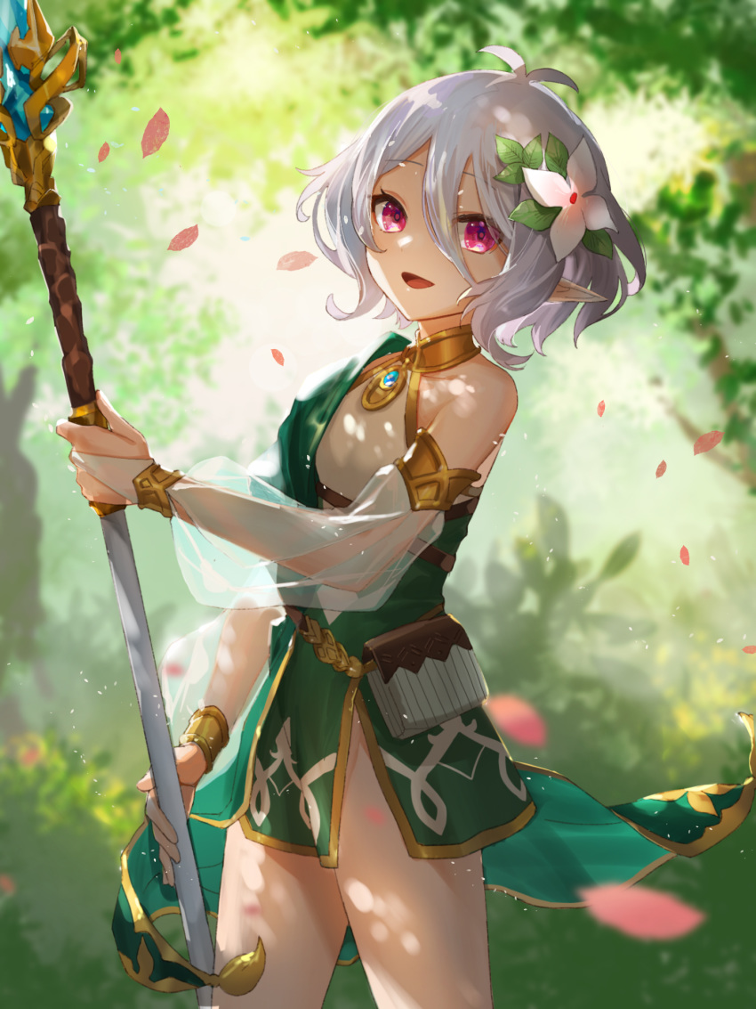 1girl :d antenna_hair asymmetrical_clothes backlighting blurry bridal_gauntlets collarbone commentary_request cowboy_shot dappled_sunlight day depth_of_field dress elf flower hair_between_eyes hair_flower hair_ornament highres holding holding_staff kokkoro_(princess_connect!) leaf looking_at_viewer multicolored multicolored_clothes multicolored_dress nima_(niru54) open_mouth outdoors petals pink_eyes pointy_ears pouch princess_connect! princess_connect!_re:dive see-through short_dress short_hair side_slit silver_hair single_bare_shoulder smile solo staff sunlight tassel thighs tree white_flower