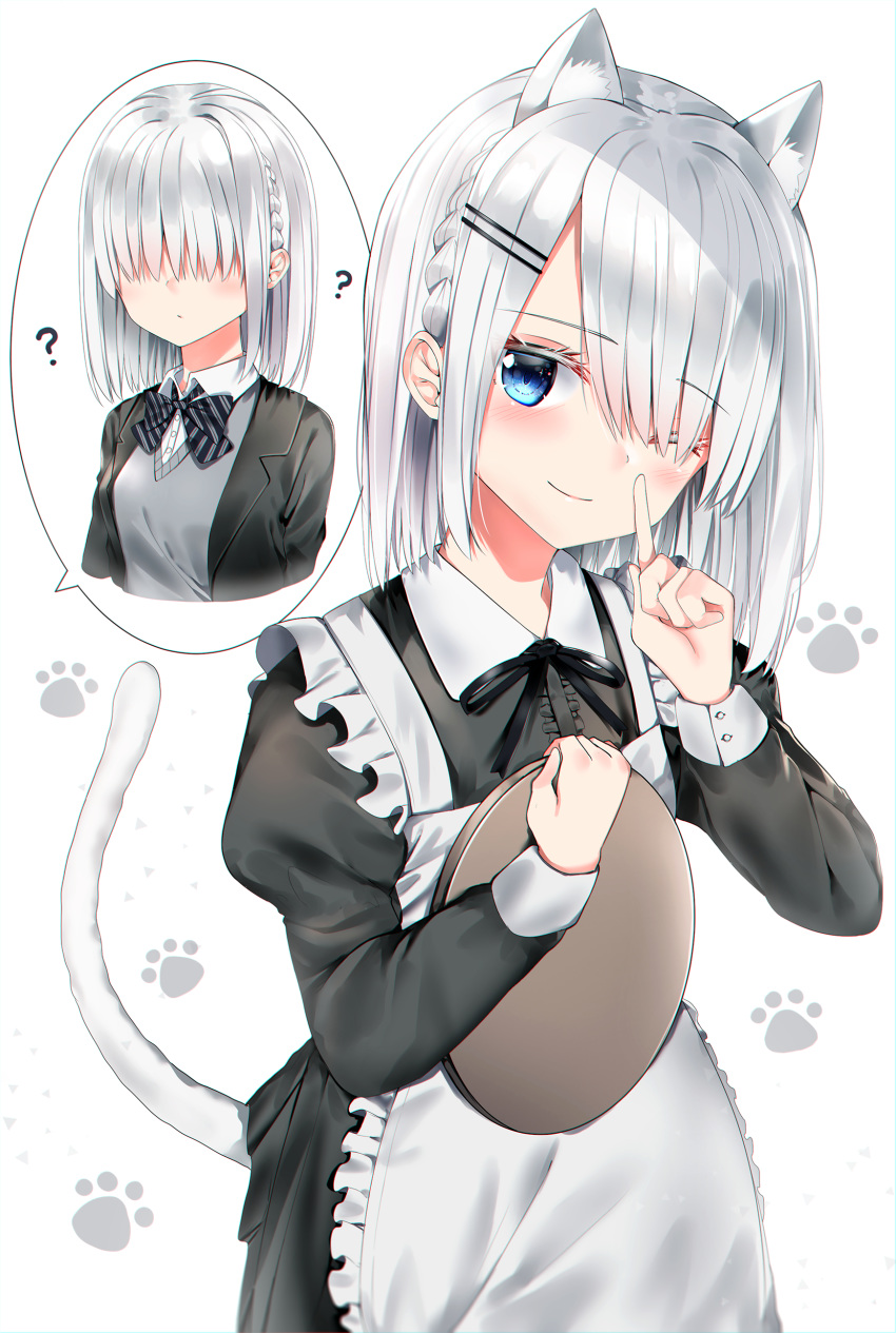 1girl ;) ? absurdres alternate_costume animal_ear_fluff animal_ears apron black_dress black_jacket black_ribbon blazer blue_eyes blush braid breasts cat_ears cat_girl cat_tail center_frills closed_mouth collared_shirt cropped_torso dress dress_shirt enmaided finger_to_mouth frilled_apron frills hair_ornament hair_over_eyes hair_over_one_eye hairclip hand_up highres holding holding_tray jacket juliet_sleeves long_sleeves maid neck_ribbon neku_(neku_draw) one_eye_closed open_blazer open_clothes open_jacket original puffy_sleeves ribbon school_uniform shirt shushing silver_hair simple_background small_breasts smile speech_bubble sweater_vest tail tray white_apron white_background white_shirt