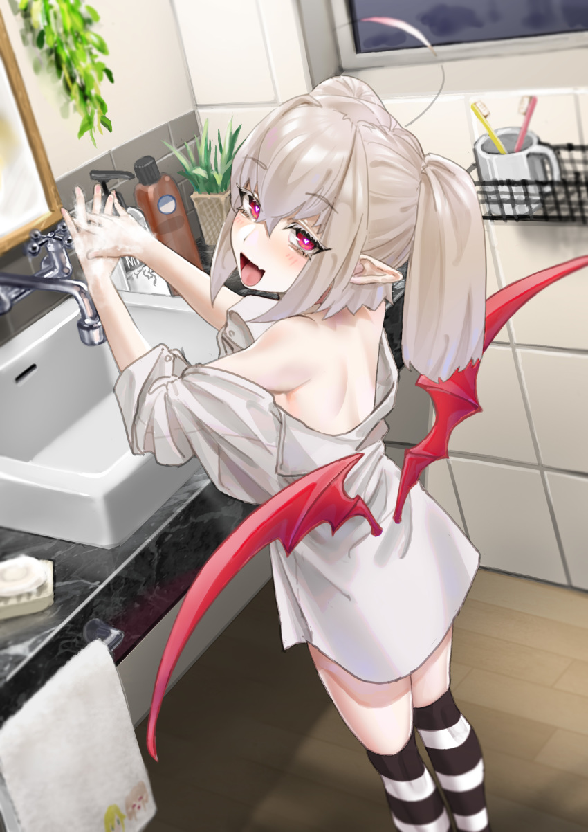 1girl absurdres ahoge bangs bare_shoulders bathroom black_legwear blush commentary_request eyebrows_visible_through_hair fang grey_hair heart heart-shaped_pupils highres indoors kneehighs lalu_(pixiv3307500) long_hair looking_at_viewer makaino_ririmu mirror multicolored_hair nijisanji open_mouth pointy_ears red_eyes shirt sink skin_fang sleeves_pushed_up smile solo symbol-shaped_pupils tongue tongue_out toothbrush towel twintails virtual_youtuber white_legwear white_shirt wings