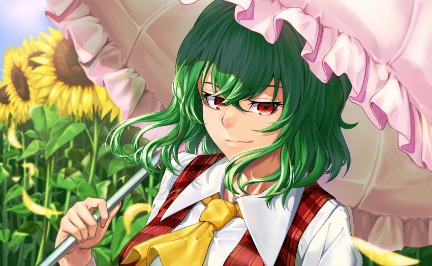 1girl absurdres ascot blue_sky breasts commentary_request day falling_petals flower garden_of_the_sun green_hair highres holding holding_umbrella kashiwagi_(pixiv35005989) kazami_yuuka large_breasts looking_at_viewer medium_hair outdoors parasol petals plaid plaid_vest portrait red_eyes red_vest shirt sky smile solo sun sunflower touhou umbrella vest white_shirt yellow_ascot yellow_flower