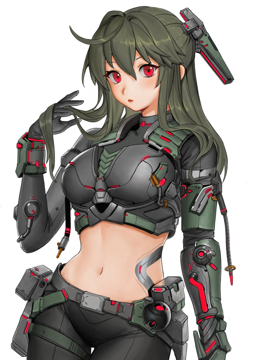 1girl absurdres ahoge armor belt black_pants breasts cowboy_shot devil_lo green_hair hair_ornament hairclip headgear highres jack_plug long_hair looking_at_viewer medium_breasts midriff navel open_mouth original pants playing_with_own_hair red_eyes science_fiction simple_background solo white_background