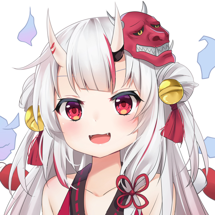1girl :d absurdres agung_syaeful_anwar bare_shoulders bell blush collarbone double_bun fangs hair_bell hair_ornament highres hololive horns jingle_bell long_hair mask mask_on_head multicolored_hair nakiri_ayame oni oni_horns oni_mask open_mouth red_eyes redhead ribbon_trim silver_hair simple_background smile solo streaked_hair upper_body virtual_youtuber white_background