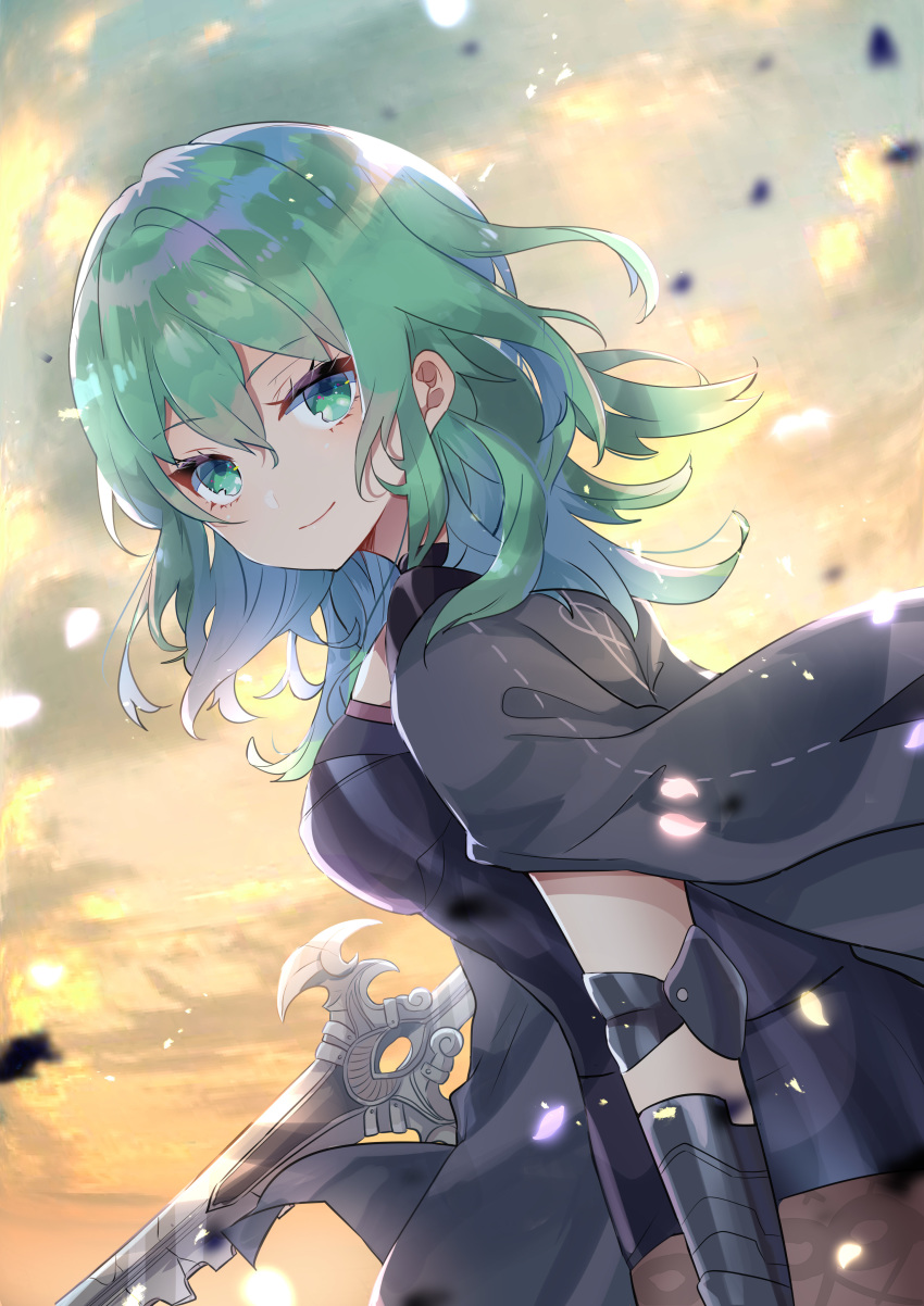 1girl absurdres byleth_(fire_emblem) byleth_eisner_(female) closed_mouth fire_emblem fire_emblem:_three_houses from_side green_eyes green_hair highres holding holding_sword holding_weapon looking_to_the_side pantyhose petals smile solo sword sword_of_the_creator upper_body weapon yutsuchi