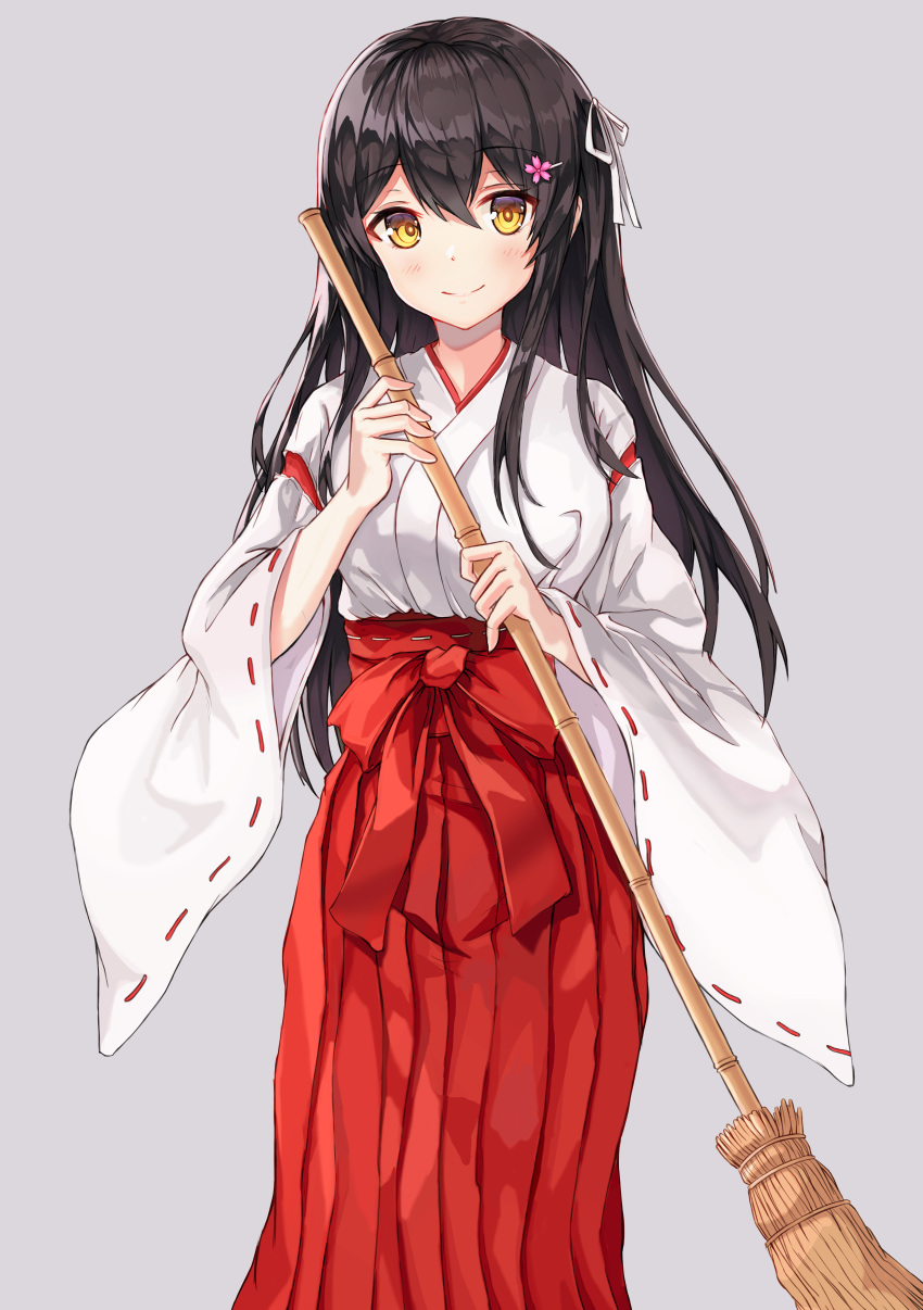 1girl absurdres bamboo_broom bangs black_hair blush bow breasts broom brown_eyes closed_mouth commentary_request eyebrows_visible_through_hair flower grey_background hair_between_eyes hair_flower hair_ornament hair_ribbon hairclip hakama highres holding holding_broom japanese_clothes kimono long_hair long_sleeves medium_breasts miko neon_(hhs9444) original pink_flower red_bow red_hakama ribbon ribbon-trimmed_sleeves ribbon_trim simple_background smile solo standing very_long_hair white_kimono white_ribbon wide_sleeves