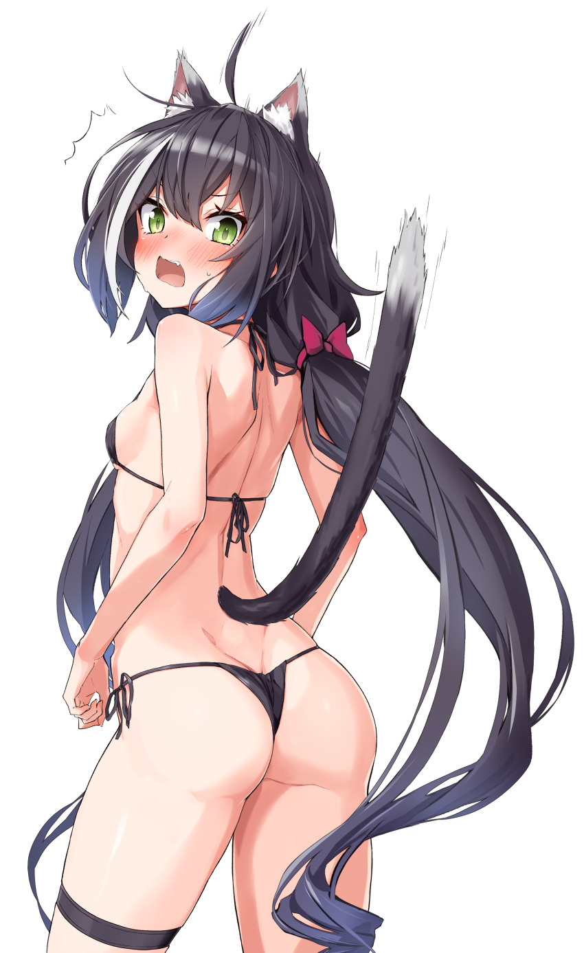 1girl absurdres ahoge animal animal_ears ass bare_arms bare_back bare_shoulders bikini black_bikini black_hair black_ribbon blush bow breasts cat_ears cat_girl cat_tail contrapposto cowboy_shot dimples_of_venus eyebrows_visible_through_hair fanbox_reward from_behind green_eyes hair_bow highres karyl_(princess_connect!) long_hair looking_at_viewer looking_back low_twintails multicolored_hair nose_blush open_mouth paid_reward princess_connect! princess_connect!_re:dive purple_bow ribbon sideboob simple_background small_breasts solo streaked_hair swimsuit tail takanashi_kei_(hitsujikan) thigh_strap thighs twintails v-shaped_eyebrows very_long_hair white_background white_hair