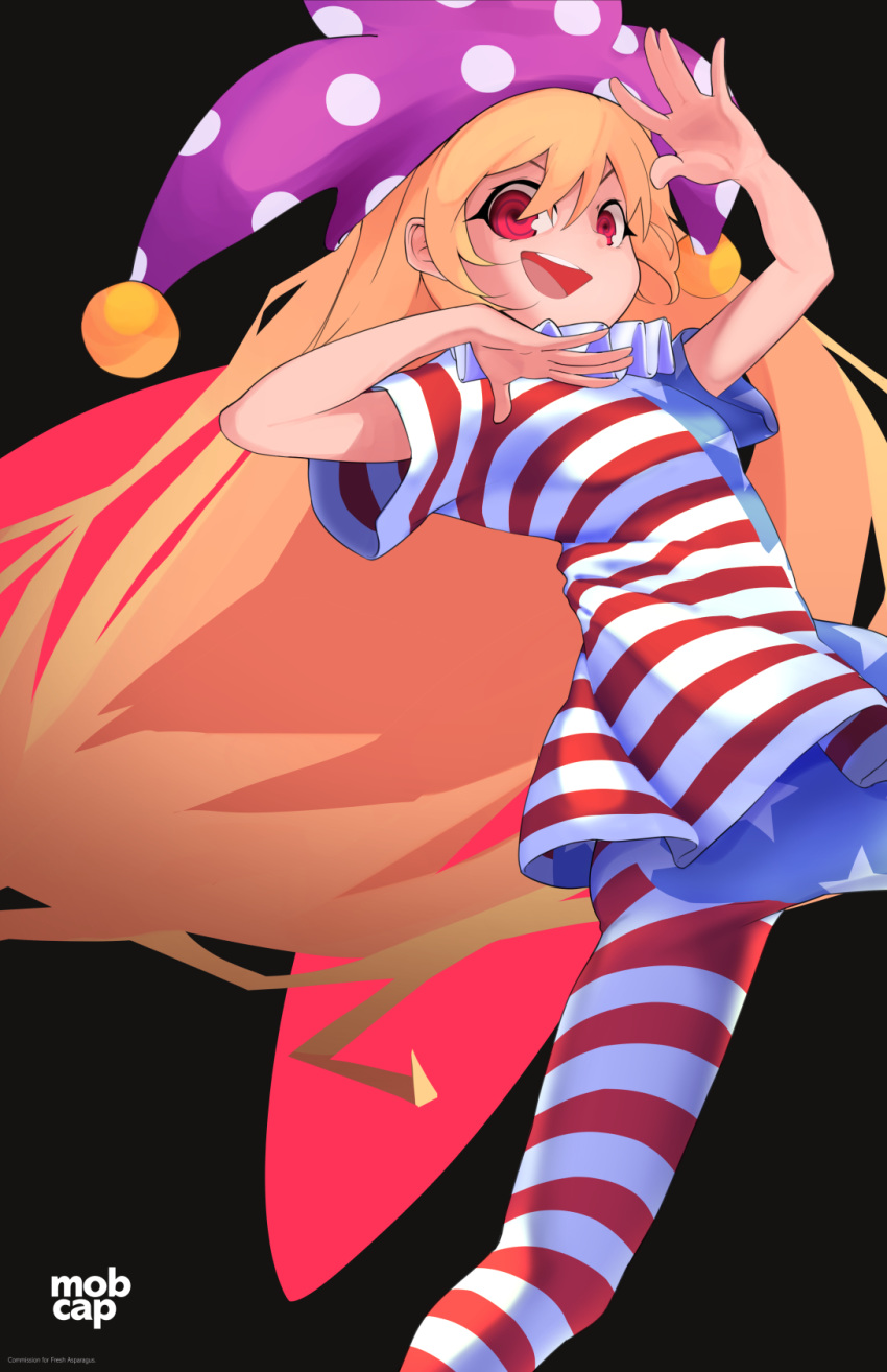 1girl american_flag_dress american_flag_legwear artist_name black_background blonde_hair clownpiece commission fairy_wings from_side hat highres jester_cap long_hair looking_at_viewer mobcap neck_ruff pantyhose polka_dot purple_headwear red_eyes short_sleeves simple_background smile solo spiral_eyes striped striped_legwear touhou very_long_hair wings