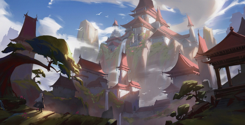1girl architecture areaaaron bird blue_sky castle cliff clouds cloudy_sky commentary_request day east_asian_architecture highres long_hair original outdoors scenery sky solo standing tree white_hair