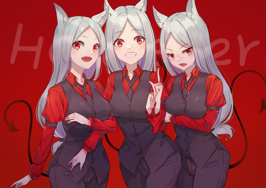 3girls absurdres angry animal_ears arm_garter arm_under_breasts breasts cerberus_(helltaker) commentary_request copyright_name demon_girl demon_tail dog_ears dog_girl fang gloves helltaker highres large_breasts long_hair looking_at_viewer multiple_girls necktie open_mouth red_background red_eyes red_shirt samsafe shirt simple_background smile tail triplets vest waistcoat white_hair